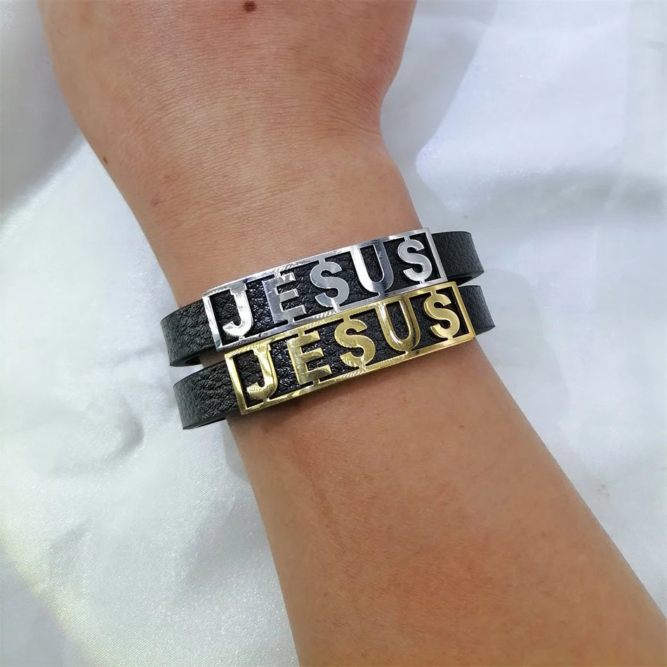 Jesus Leather Cuff Bracelet — Stainless Steel Christian Bracelet for Men & Women