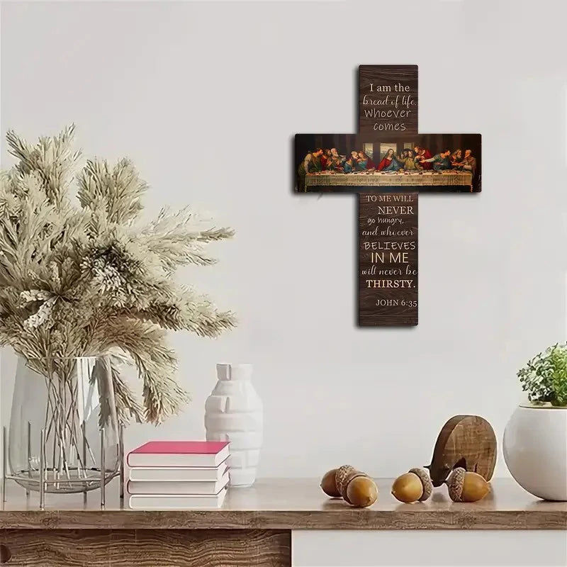Bread of Life Last Supper Wooden Cross Wall Art — Christian Scripture Home Décor Plaque