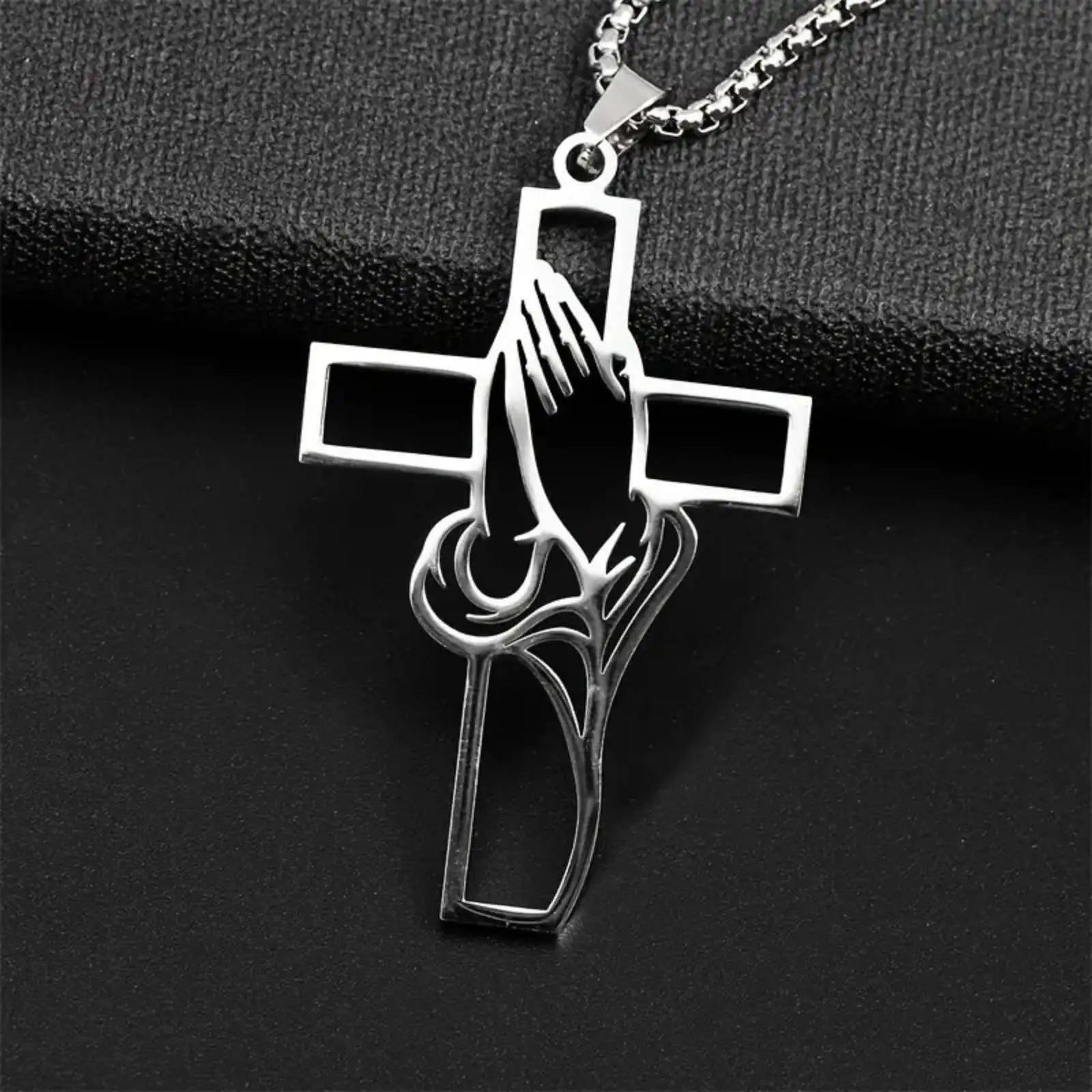Prayer Hand Cross Pendant Necklace — Unisex Stainless Steel Christian Jewelry
