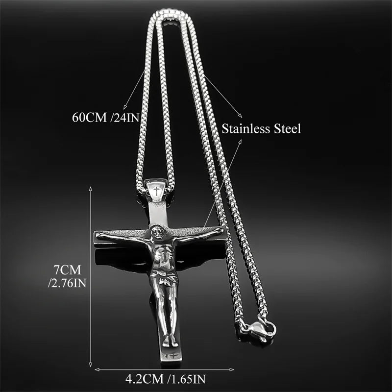 Jesus Cross Crucifix Necklace — Stainless Steel Christian Pendant for Men & Women
