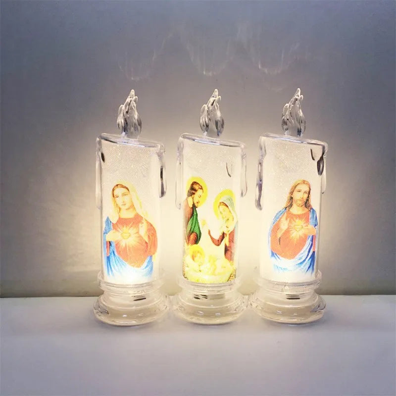 LED Prayer Candle — Jesus & Virgin Mary Flameless Church Light