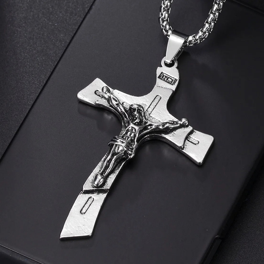 Blue Jesus Cross Necklace — Stainless Steel Christian Faith Pendant (Unisex)