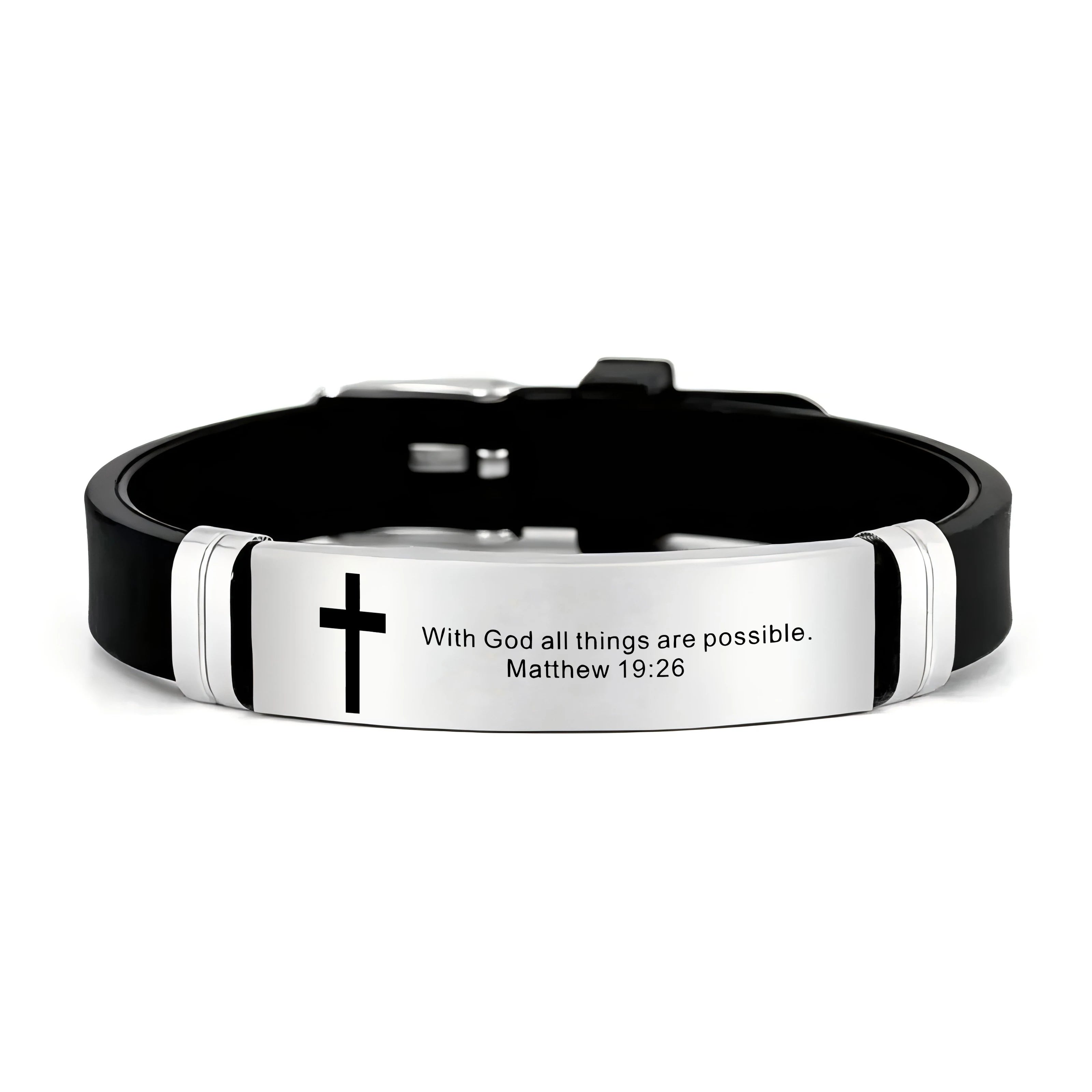Christian Scripture Quote Silicone Bracelet — Stainless Steel Cross Bible Verse Wristband