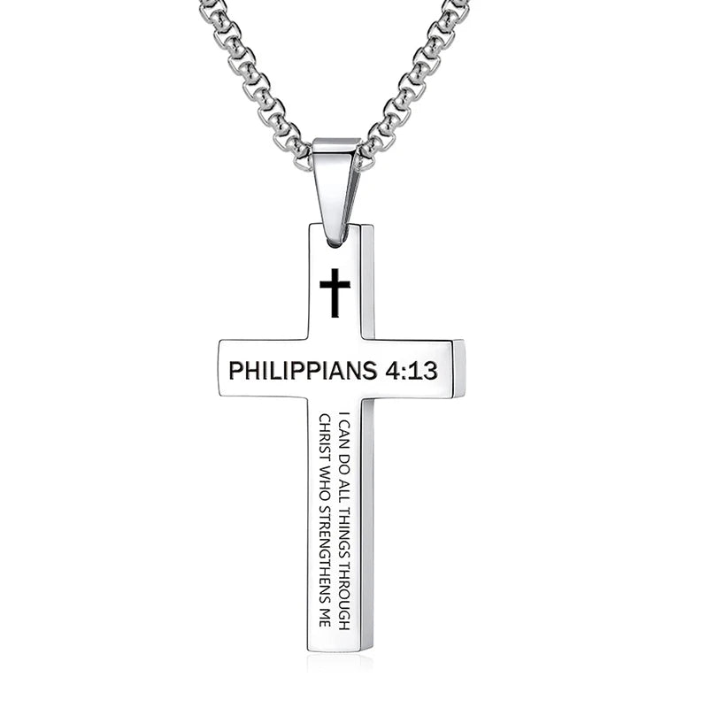Bible Verse Cross Pendant Necklace — Stainless Steel Christian Scripture Jewelry (Unisex)