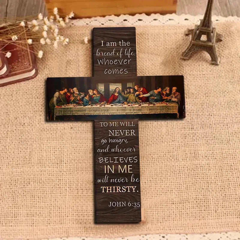 Bread of Life Last Supper Wooden Cross Wall Art — Christian Scripture Home Décor Plaque