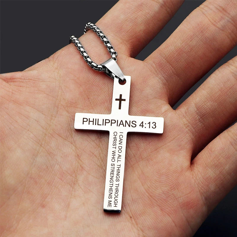 Bible Verse Cross Pendant Necklace — Stainless Steel Christian Scripture Jewelry (Unisex)