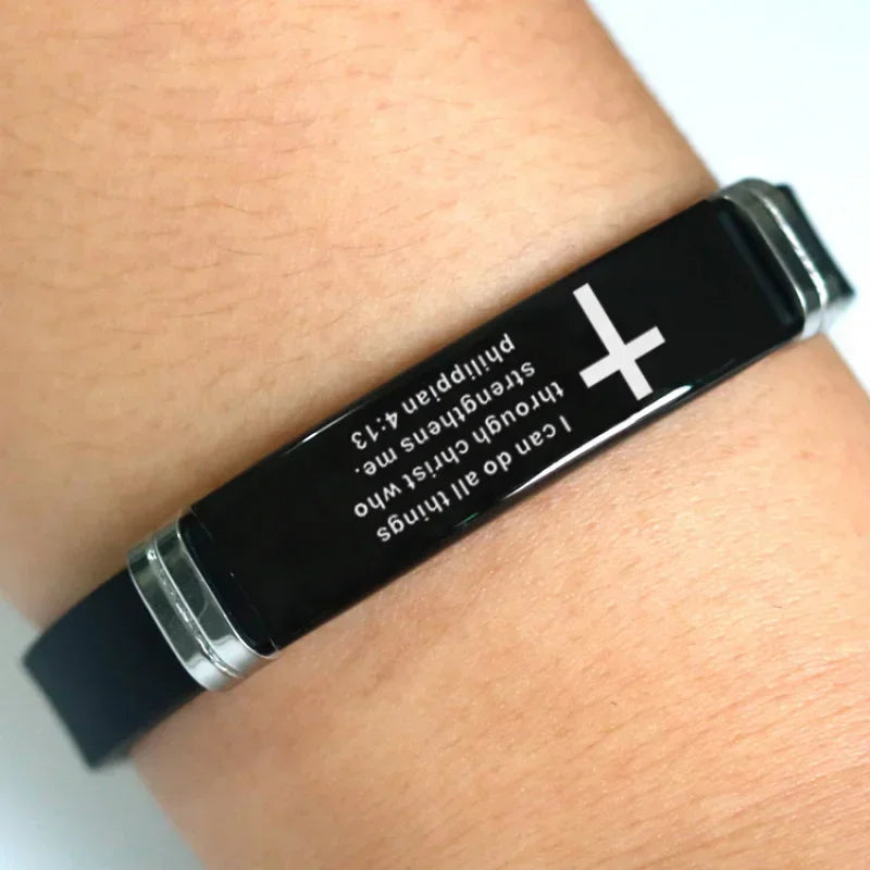 “Love Never Fails” Christian Silicone Bracelet — Adjustable Cross Scripture Wristband for Men