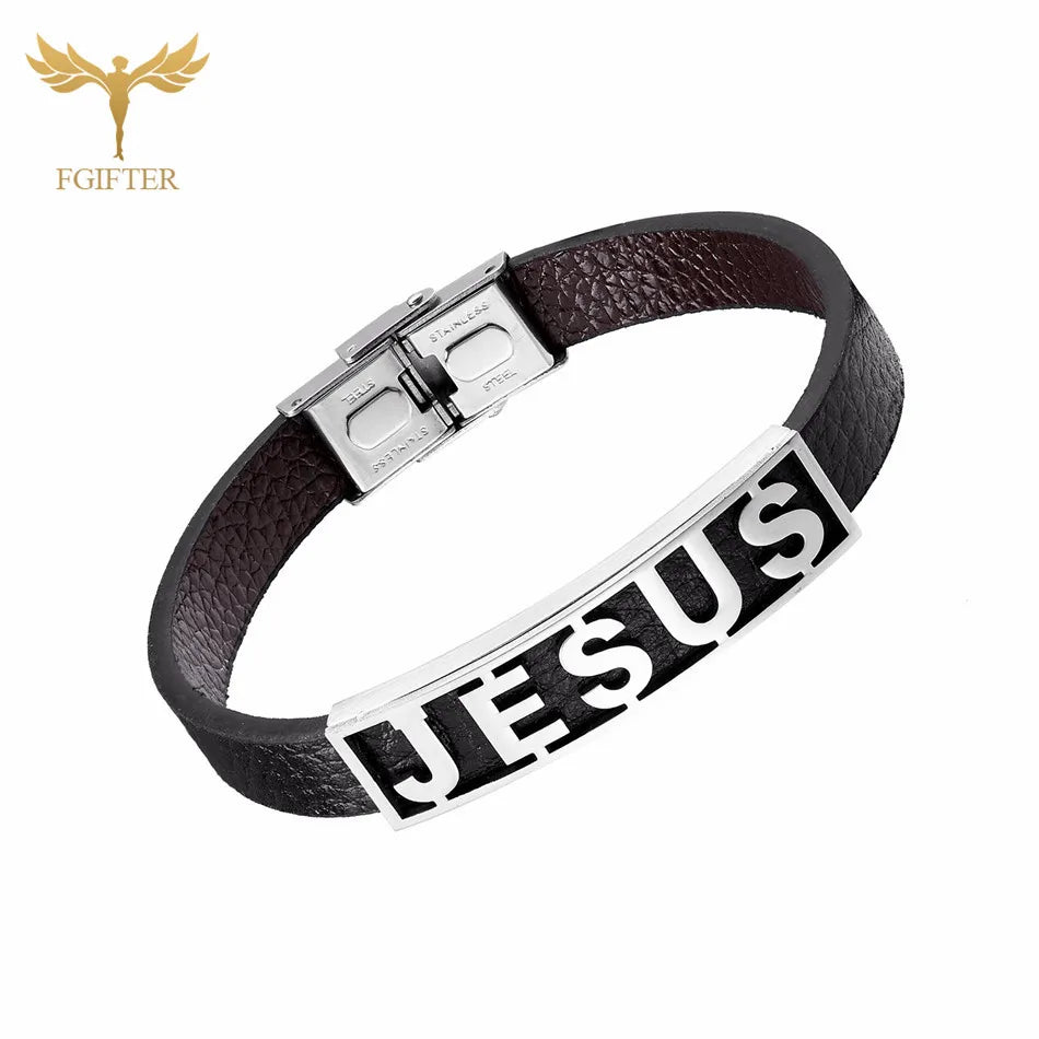 Jesus Leather Cuff Bracelet — Stainless Steel Christian Bracelet for Men & Women