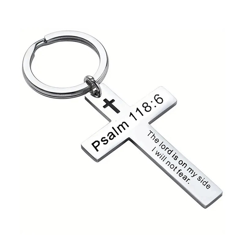 Bible Verse Cross Keychain — Stainless Steel Christian Prayer & Psalm Gift